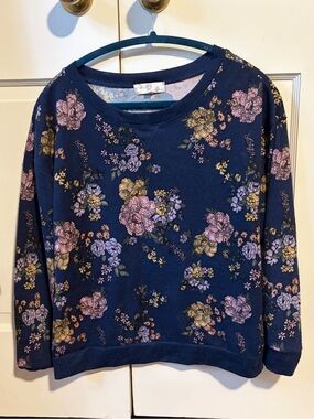 Hippie Rose Navy Floral Crewneck Sweater with Pink & Gold Flowers